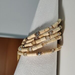 5 Bracelet Set Crystal Balsa Wood Glass Sparkle Boho Stretchy Aurora Borealis